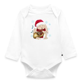 Joueur de corne de Français lapin de Noël avec chapeau de Père Noël - Body Bébé bio manches longues - blanc - Devant