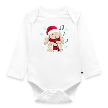 Christmas Oboe Playing Cartoon Rabbit in Santa Hat - Organic Longsleeve Baby Bodysuit - white - Front