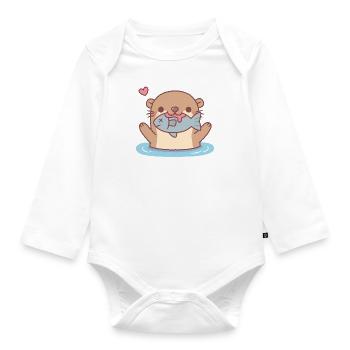 Cute Otter Catching Fish Funny - Organic Longsleeve Baby Bodysuit - white - Front