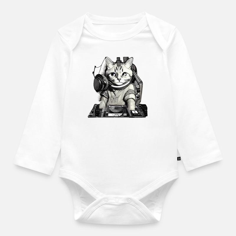 DJ Katze mit Mischpult - Baby Bio-Langarm-Body - Weiß