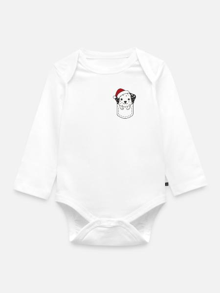 Fröhliche Weinachten süßer Dalmatiner Brusttasche - Baby Bio-Langarm-Body - Weiß