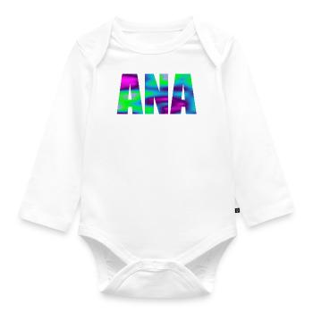 First name Ana in colorful capital letters - Organic Longsleeve Baby Bodysuit - white - Front