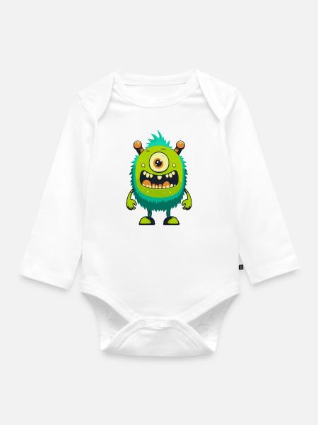 Monster Crash - Freches grünes Zyklopen Monster - Baby Bio-Langarm-Body - Weiß