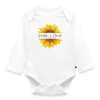 Christliches Sonnenblumendesign Ich bin in Christus verborgen - Baby Bio-Langarm-Body - Weiß - Vorne
