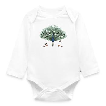 Two Birds Play Go on the Feathers of a Peacock - Organic Longsleeve Baby Bodysuit - white - Front