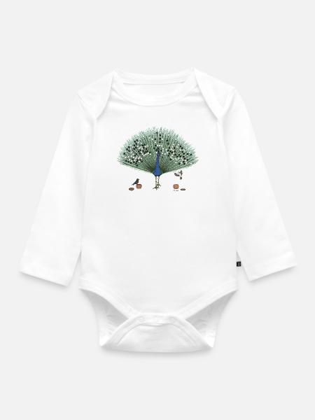 Zwei Vögel spielen auf den Federn eines Pfaus - Baby Bio-Langarm-Body - Weiß