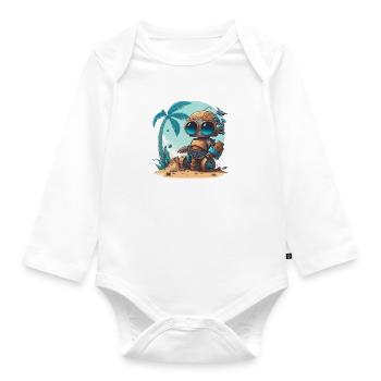 Ein kleiner Roboter am Strand unter einer Palme - Baby Bio-Langarm-Body - Weiß - Vorne