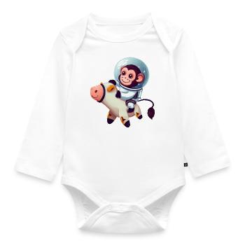 Astronaut monkey rides on cow - Organic Longsleeve Baby Bodysuit - white - Front