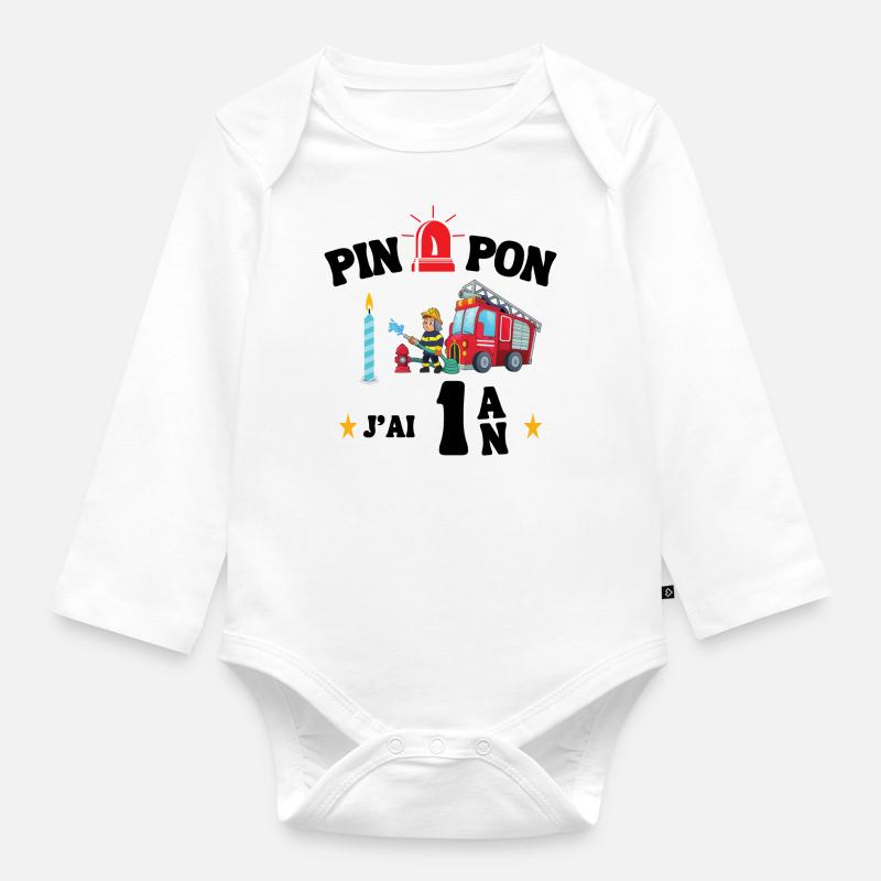 J'ai 1 An Humour Pompier - Body Bébé bio manches longues - blanc