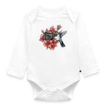Hummingbird in bloom with camera - Organic Longsleeve Baby Bodysuit - white - Front