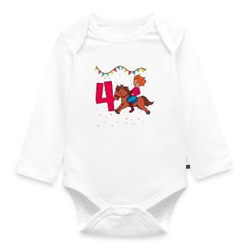 Mit Pferd - Mädchen Geburtstag 4 Jahre - Baby Bio-Langarm-Body - Weiß - Vorne