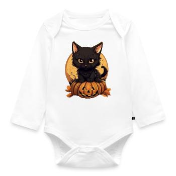 Halloween-Schwarze Katze mit Kürbis bei Sunset - Baby Bio-Langarm-Body - Weiß - Vorne