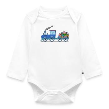 Kinderzug Eisenbahn mit Anhänger in blau - Baby Bio-Langarm-Body - Weiß - Vorne