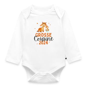 Ich werde Große Cousine 2024 Loading Giraffe Herz - Baby Bio-Langarm-Body - Weiß - Vorne