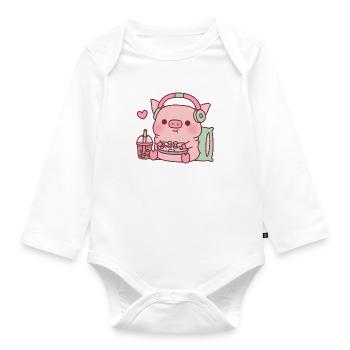 Cute Gamer Pig Loves Playing Video Games - Organic Longsleeve Baby Bodysuit - white - Front