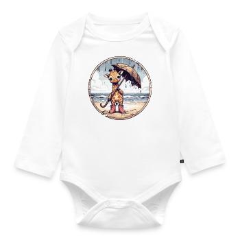 Giraffe in rubber boots with umbrella on the beach - Organic Longsleeve Baby Bodysuit - white - Front