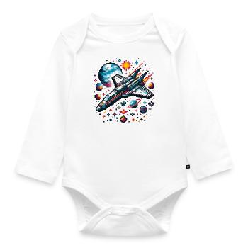 RAUMSCHIFF RETRO JET PIXEL PLANET WELTALL GALAXIS - Baby Bio-Langarm-Body - Weiß - Vorne