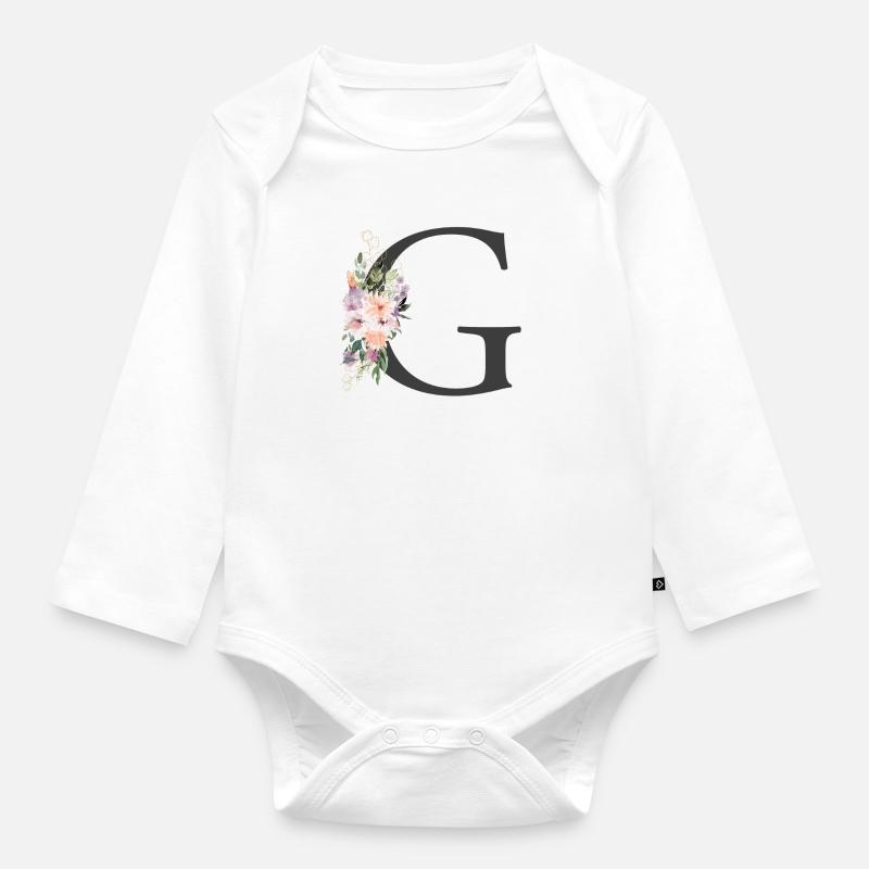 Buchstabe G, Monogramm, Blumen - Baby Bio-Langarm-Body - Weiß