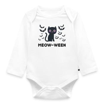 Meow-ween Delight Black Cat and Bats Halloween Tee - Organic Longsleeve Baby Bodysuit - white - Front