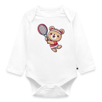 Bär als Tennisspieler - Aufschlag und - Baby Bio-Langarm-Body - Weiß - Vorne