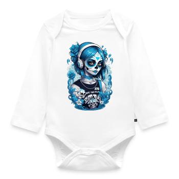 Sugar Skull Girl with Headphones and Blue Roses - Organic Longsleeve Baby Bodysuit - white - Front