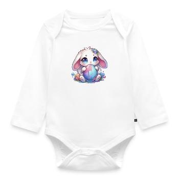 Charmant lapin Chibi avec des fleurs - Body Bébé bio manches longues - blanc - Devant