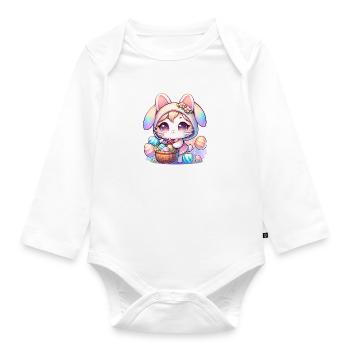 Un chaton avec une tenue de lapin livrant des œufs de Pâques - Body Bébé bio manches longues - blanc - Devant