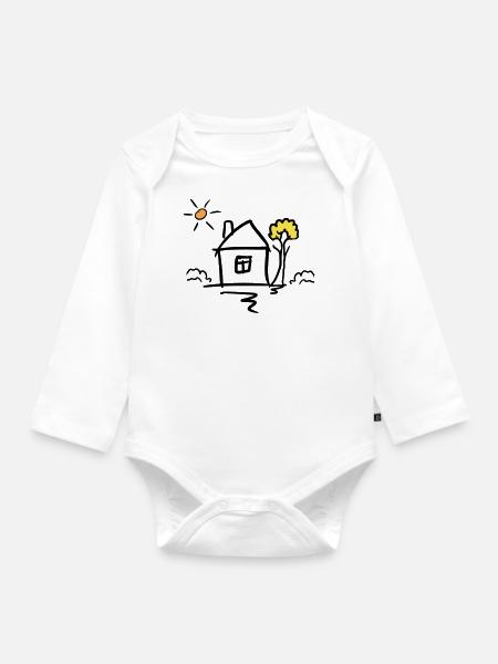 Casa con albero e sole. Disegno. Disegnato a mano - Body ecologico per neonato a manica lunga - bianco
