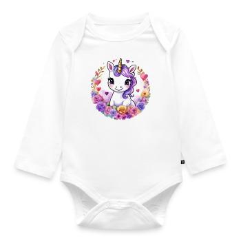 Licorne avec des fleurs/Roses colorées - Licorne douce - Body Bébé bio manches longues - blanc - Devant