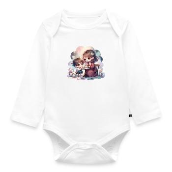 Mother and Son Enjoying a Cozy Tea Party - Organic Longsleeve Baby Bodysuit - white - Front