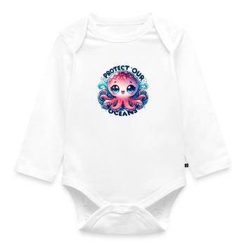Schützen Sie unsere Ozeane Chibi Niedlicher Oktopus Tag der Erde - Baby Bio-Langarm-Body - Weiß - Vorne