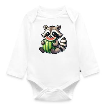 Raccoon with Watermelon Fruity Funny - Organic Longsleeve Baby Bodysuit - white - Front