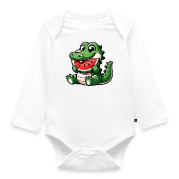 Crocodile With Watermelon Fruity Cute - Organic Longsleeve Baby Bodysuit - white - Front