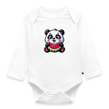 Panda With Watermelon Fruity Funny - Organic Longsleeve Baby Bodysuit - white - Front