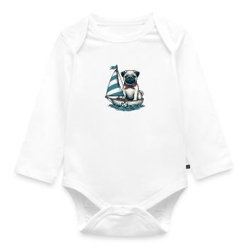Summer Sailing Dinghy with Pug - Organic Longsleeve Baby Bodysuit - white - Front