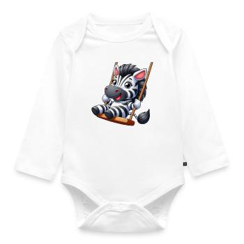 Cute Zebra on Swing Playground Cartoon - Organic Longsleeve Baby Bodysuit - white - Front