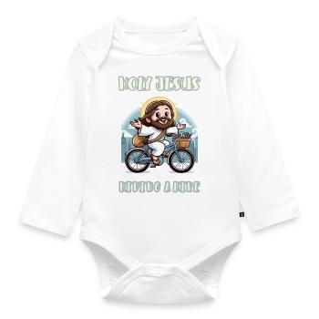 Holy Jesus riding a bike - Organic Longsleeve Baby Bodysuit - white - Front