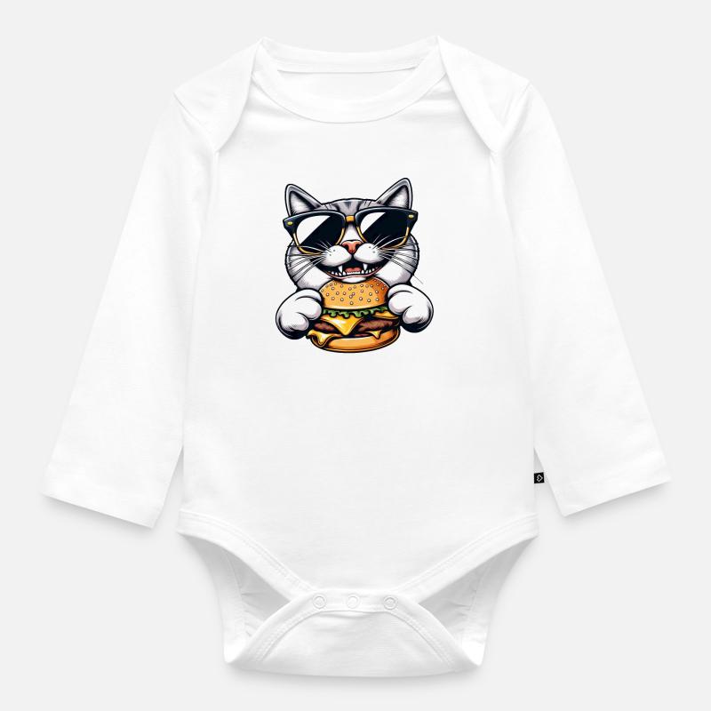 Coole Katze Nerd beim Hamburger Cheeseburger Essen - Baby Bio-Langarm-Body - Weiß
