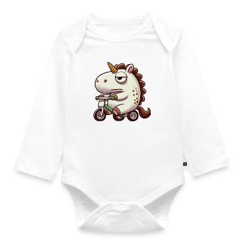 Einhorn auf Dreirad lustig skurril Fabelwesen - Baby Bio-Langarm-Body - Weiß - Vorne