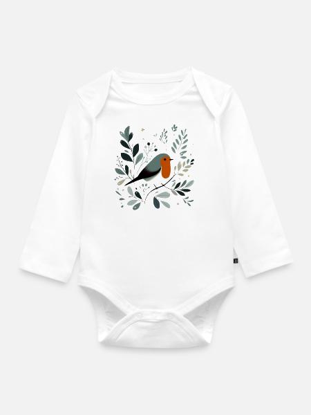 Rotkehlchen mit Blumen - Baby Bio-Langarm-Body - Weiß