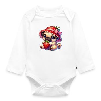 Pug with Strawberry Summer Fruity - Organic Longsleeve Baby Bodysuit - white - Front