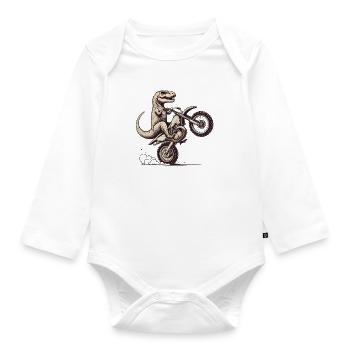 Dino Wheelie on Dirt Bike Graphic - Organic Longsleeve Baby Bodysuit - white - Front