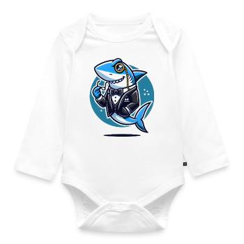 Classy Shark in Tuxedo Vector Design - Organic Longsleeve Baby Bodysuit - white - Front