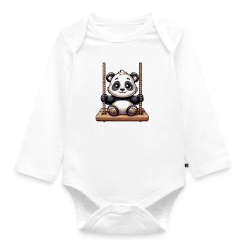 Cute panda swinging on the playground - Organic Longsleeve Baby Bodysuit - white - Front