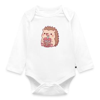 Cute Hedgehog Drinking Boba Tea - Organic Longsleeve Baby Bodysuit - white - Front
