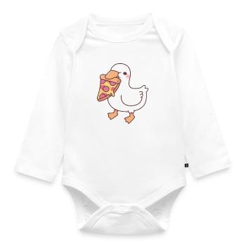 Cute White Ducky With Pepperoni Pizza Slice - Organic Longsleeve Baby Bodysuit - white - Front