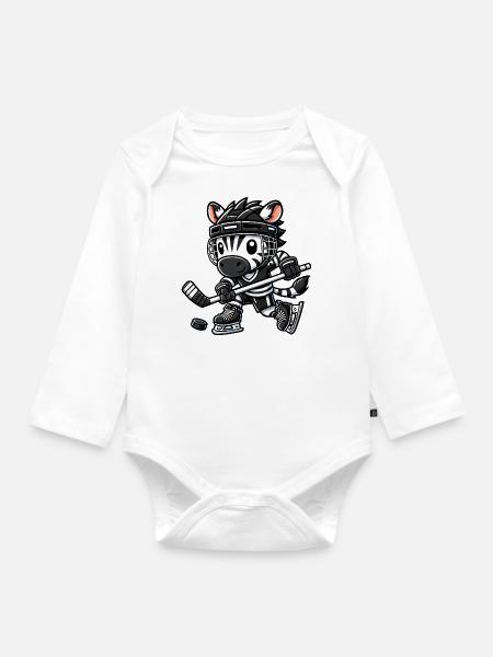 Chibi-Zebra Hockeyspieler Eishockey - Baby Bio-Langarm-Body - Weiß