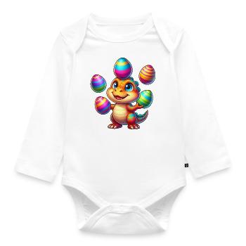 Easter Dino T-Rex juggles colorful Easter eggs - Organic Longsleeve Baby Bodysuit - white - Front