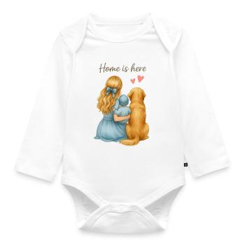Home is Here – Family with Dog - Organic Longsleeve Baby Bodysuit - white - Front