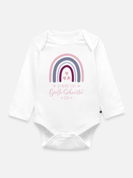 Ich werde eine große Schwester 2026 Regenbogen - Baby Bio-Langarm-Body - Weiß
